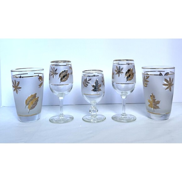 Vintage Libbey Golden Foliage Frosted Glassware – Set of 5 – 1950s Mid-Century B - Picture 4 of 16